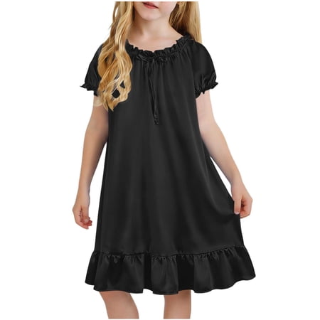 SERTG Girls Solid Color Puff Sleeve Ruffle Hem Dress Dress for 4-15 Years Girls Casual Breathable Home Dress