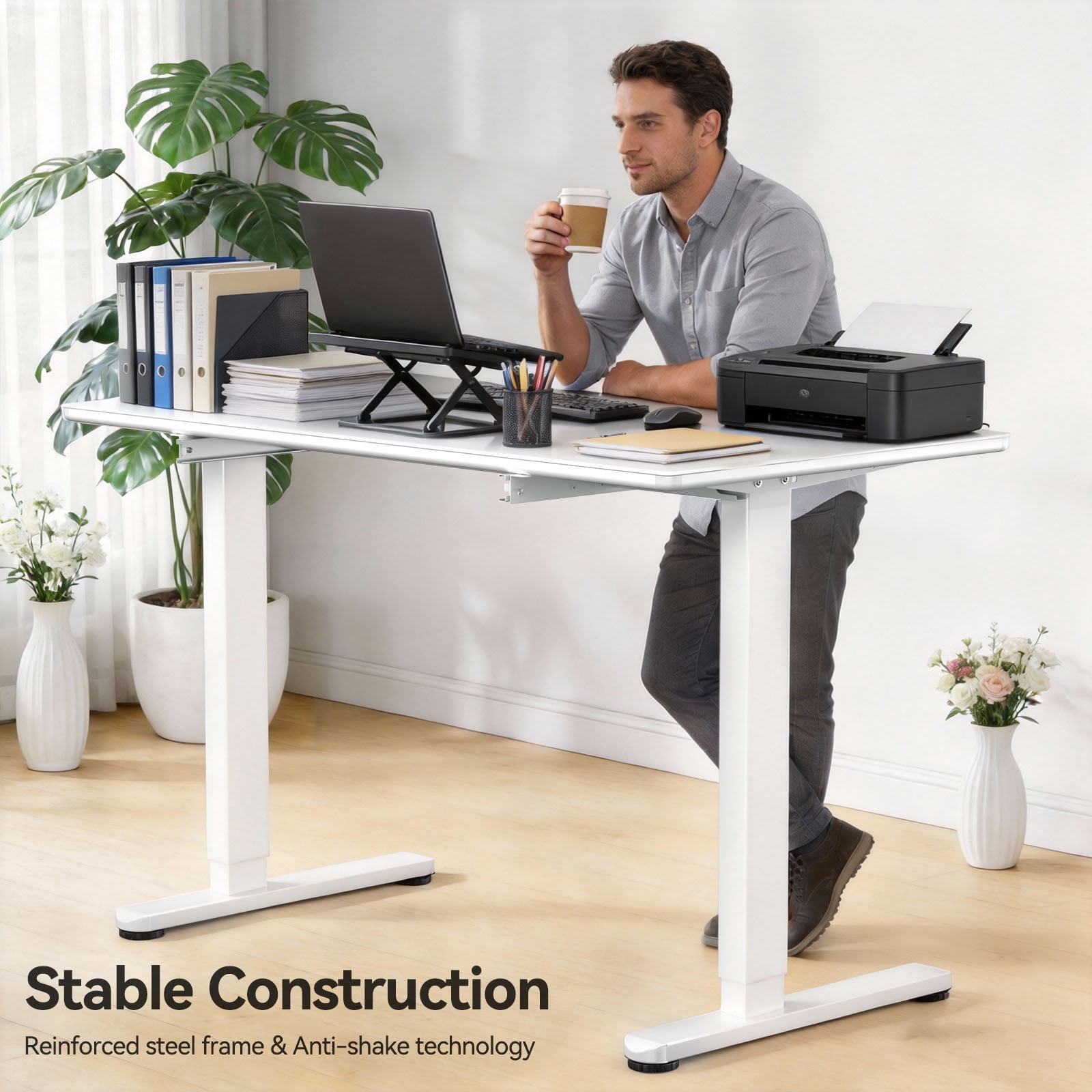 Kyspho Glass Top 48" x 24" Electric Standing Desk with Drawer, Height Adjustable Sit Stand Desk for Home Office, White
