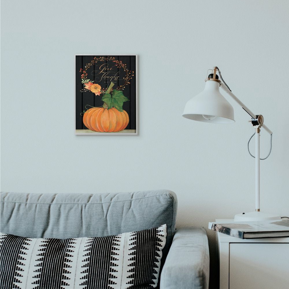 Stupell Industries Give Thanks Pumpkin Fall Autumn Seasonal Design Framed Wall Art by Stephanie Workman Marrott