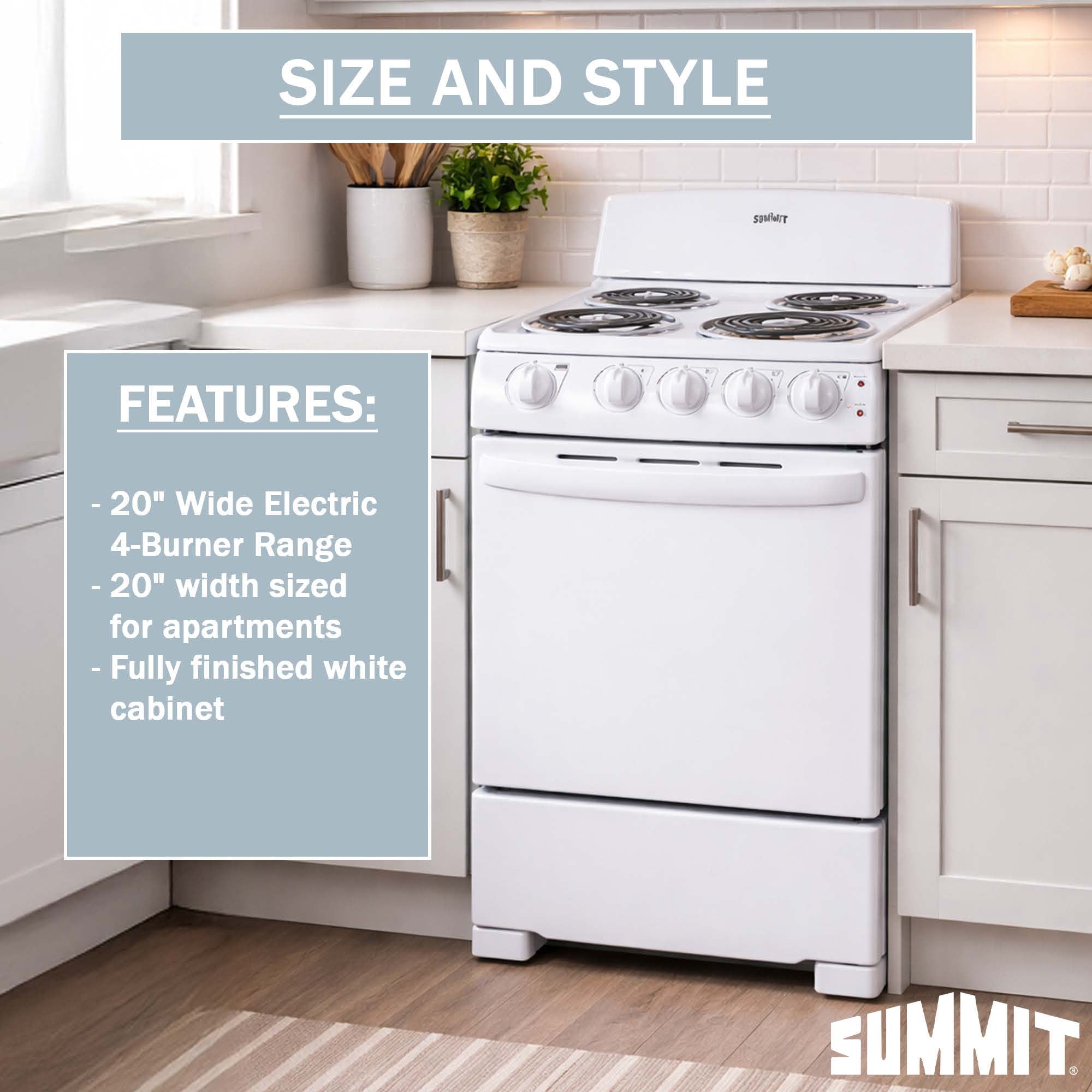 Summit 20 Inch Freestanding Electric Range, Coil Burners, White - RE203W