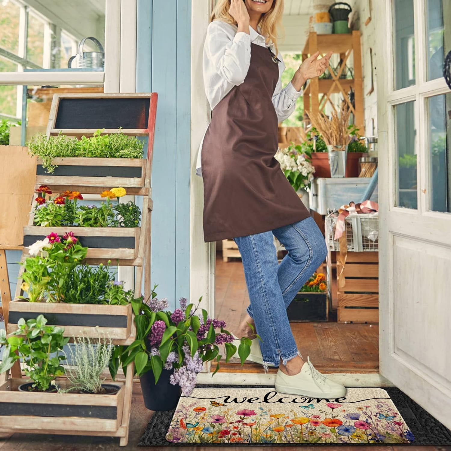 Spring Summer Front Door Mat Floral Doormat Colorful Flower Decor Non-Slip Outdoor Welcome Mat for Garden, Yard, Patio, Porch, Home Decorations 17"x30"