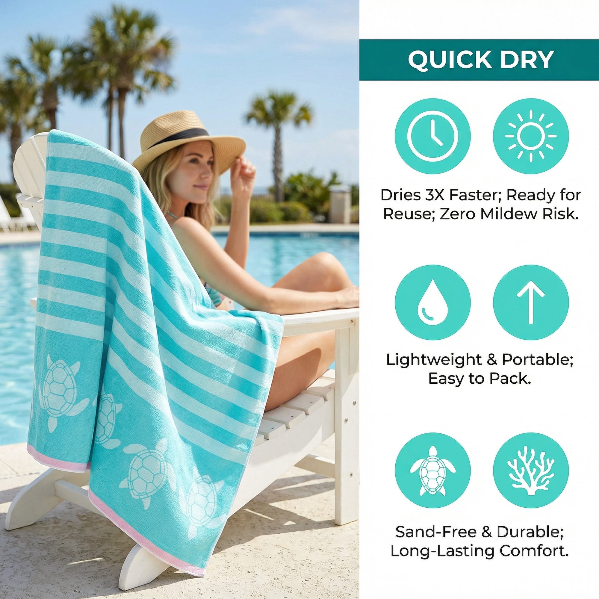 Unique Bargains Quick Dry Sand Free Stripe Animals Beach Towel Mint Green 55" x 28"