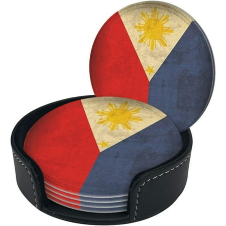 

Round Coaster Set of 6 with Holder Retro-Philippine-Flag-Vintage Leather Coasters for Drinks