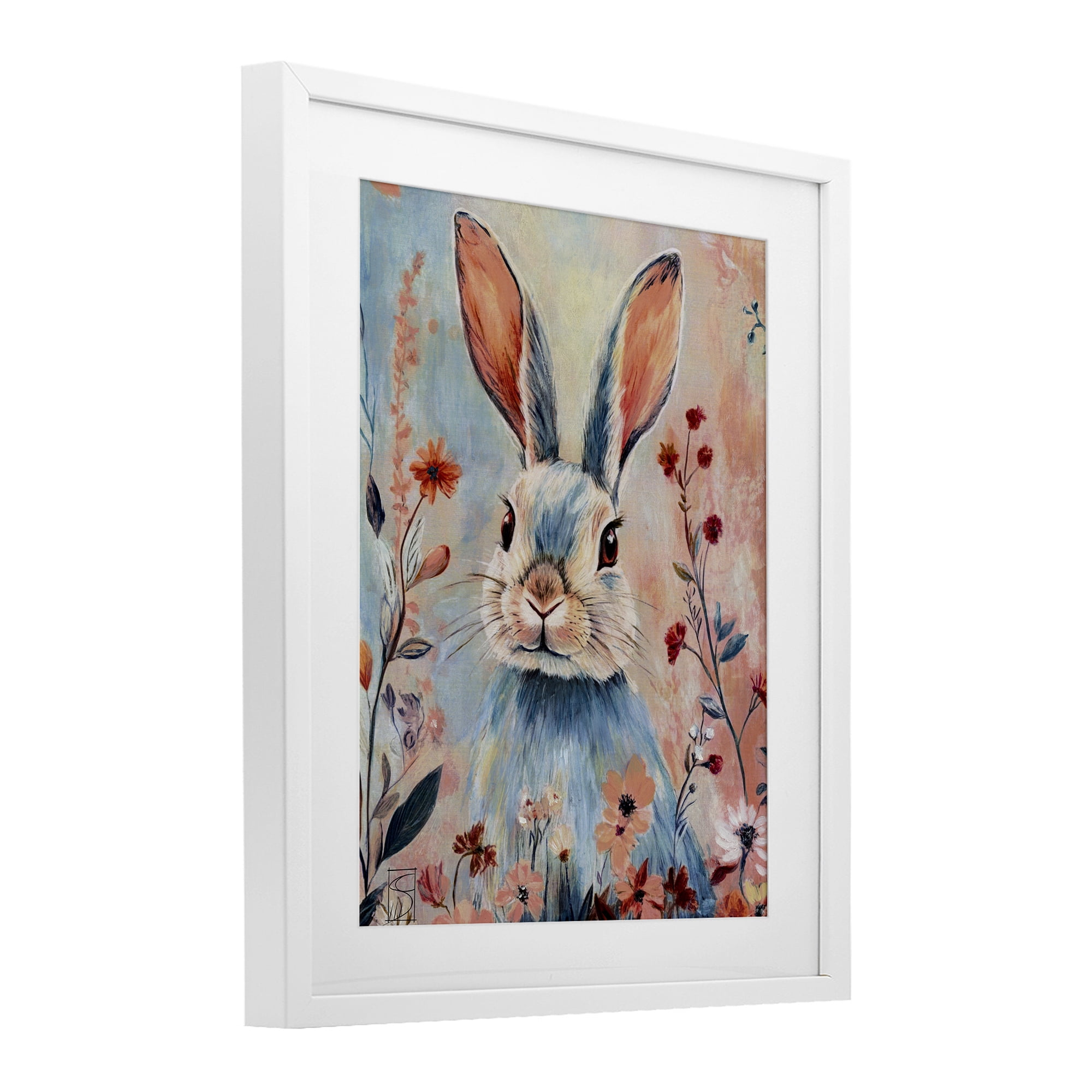 Stupell Industries Blue Rabbit & Wildflowers White Framed Print Under Glass, design by Sara Culpepper