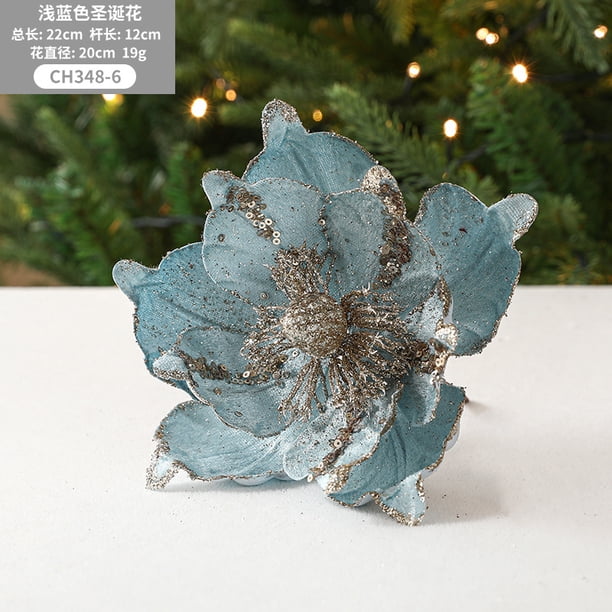 Xiao Hua Juego de 3 flores artificiales gigantes de magnolia con tallos largos para árbol de Navidad, de 7,87 pulgadas, con purpurina navideña, para decorar el árbol de Navidad, color azul.