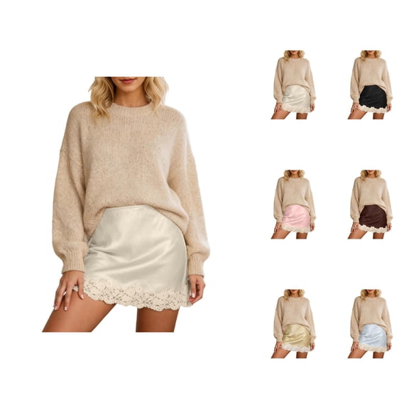 Womens Satin Skirts Y2k Lace Hem Mini Skirt Elegant Bodycon Pencil Skirt Short Underskirt Streetwear