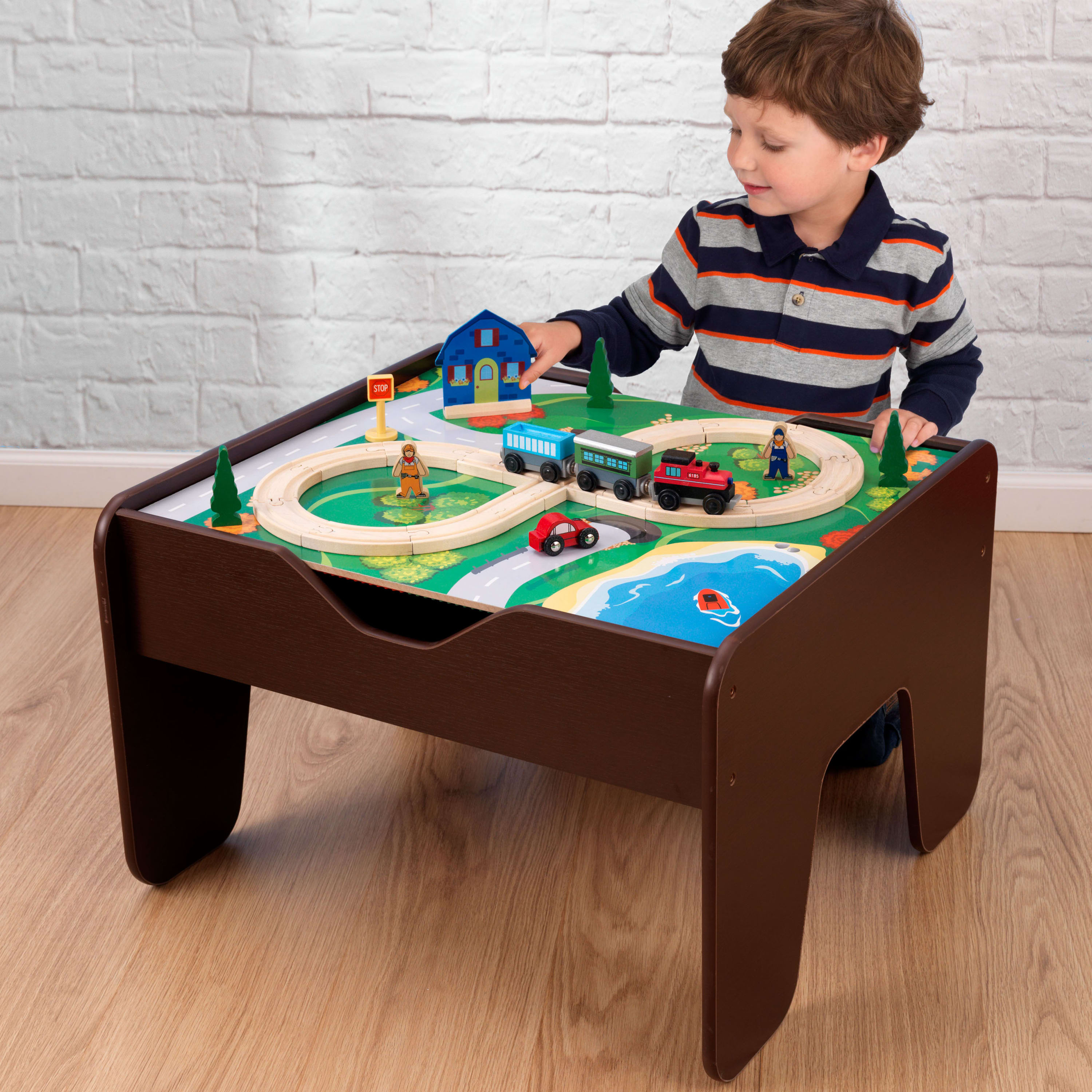 KidKraft Reversible Wooden Activity Table with Board and Train Set, Espresso, For Ages 3+ - image 2 of 9