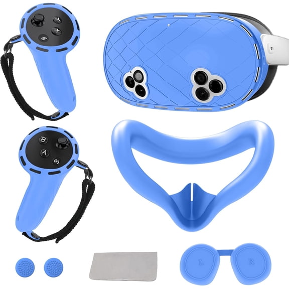8-in-1 Silicone Cover Set for Meta Quest 3s Accessories, Unbranded VR Protective Cover Accessories for Oculus Quest 3S with Facial Interface, Shell Cover, Controller Grip Cover, Joystick Caps,Blue