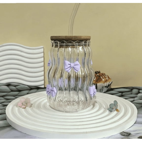 Instagram Glass Cup with Lid and Straw, 450ml Ribbed Tumbler with Bow or Rose, Aesthetic Drinking Glass for Flat Lay Photos