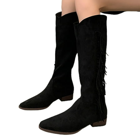 GHSOHS Cowboy Boots for Women Black Leather Boots Women s Mid Calf Boots Flat Bottomed Long Tassel Riding Boot Fall Winter Soft Pointed Toe Lightweight Long Tube Single Boots Shoes Tall Boots Size 42