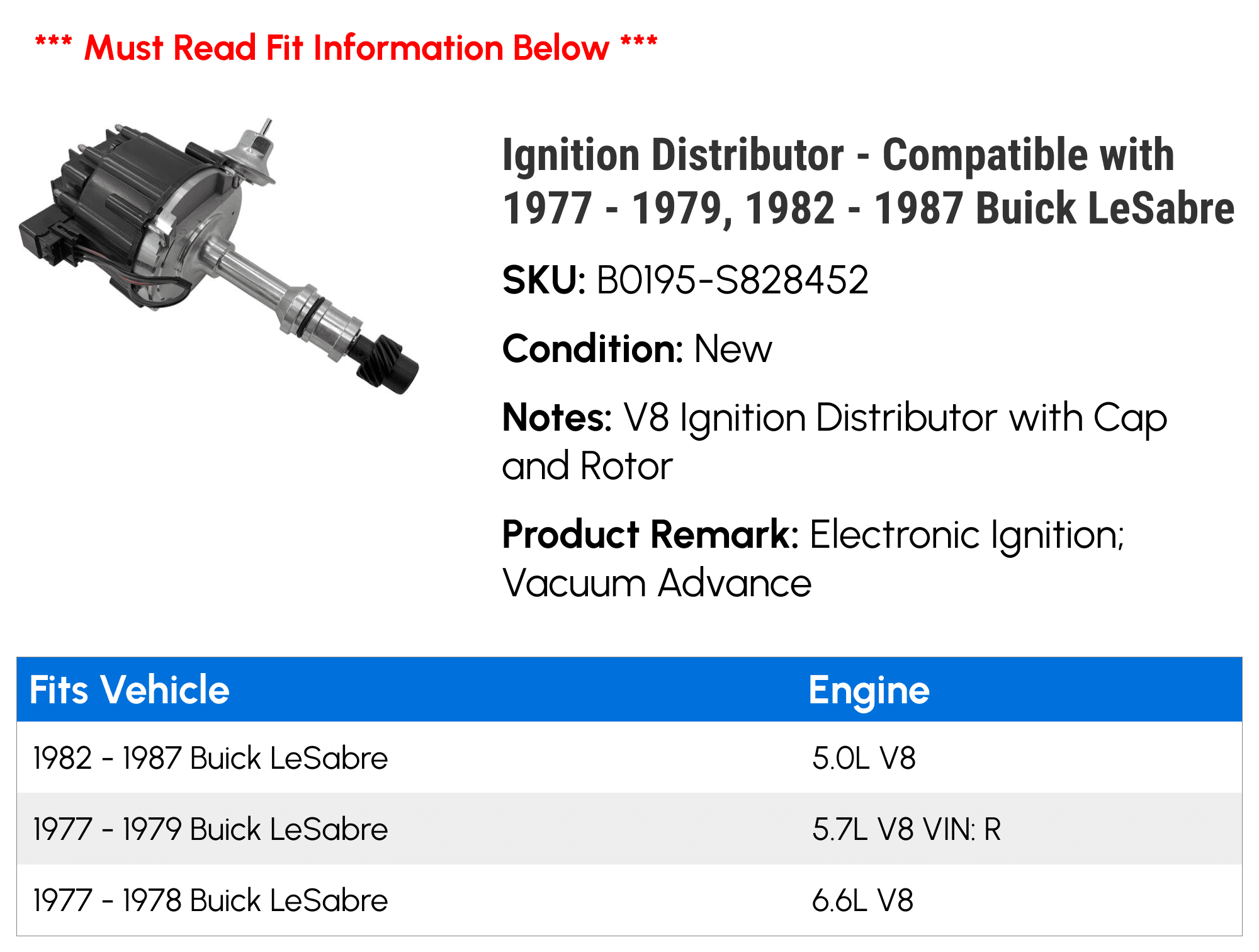 Ignition Distributor - Compatible with 1977 - 1979, 1982 - 1987 Buick LeSabre 1978 1983 1984 1985 1986