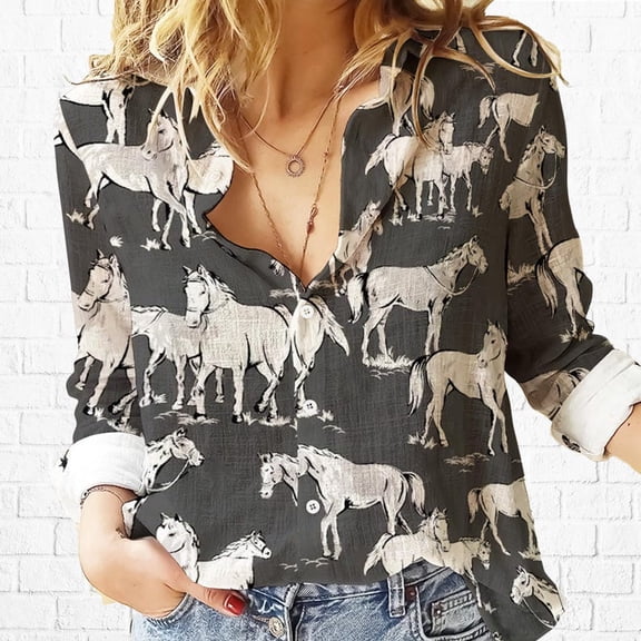 Horse Pattern Blouses Shirt, Horse Women Casual Shirt, Women's Clothing, Button Up Shirt, Long Sleeve Shirt, Gift For Her