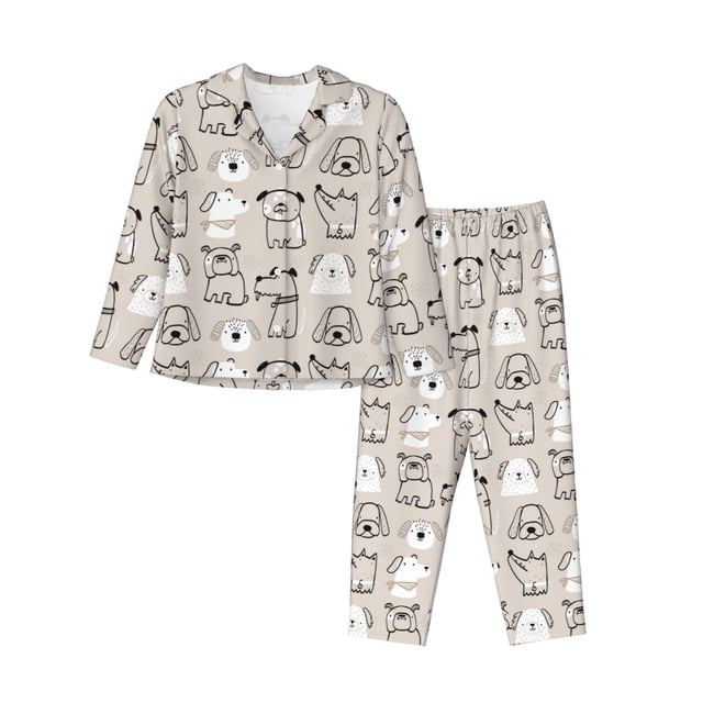 Balery Puppy Conjunto de Pijama con Estampado para Mujer, Conjunto de Dos Piezas con Manga Larga, Ropa de Dormir Suave con Bolsillos, Pijamas Cómodos-Large