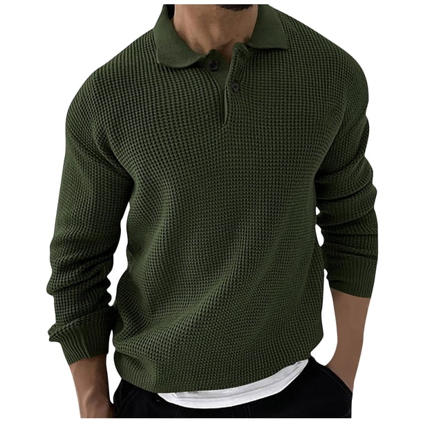 Blusa y camisa de manga larga con cuello vuelto para hombre, suéter holgado con botones y solapa, blusa de manga larga con solapa para hombre