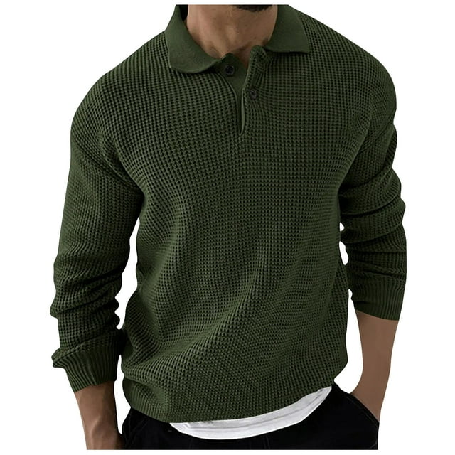Blusa y camisa de manga larga con cuello vuelto para hombre, suéter holgado con botones y solapa, blusa de manga larga con solapa para hombre