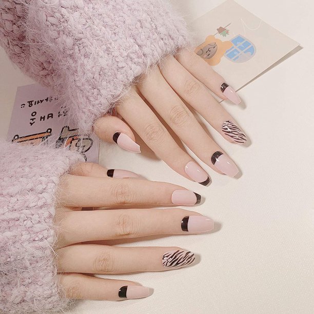 Coffin Press On Nails French False Nails Glossy Fake Nails Black Stripe Acrylic Nail Art Tips For Women And Girls 24pcs Pink Walmart Com Walmart Com