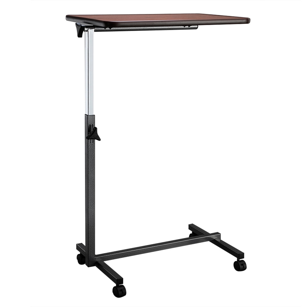 Adjustable Bedside Table MDF and Iron Movable Sofa Side Table with 4 Wheels and Brakes, 26.5 x 16.5 x 27-44 in, Dark Wood Grain