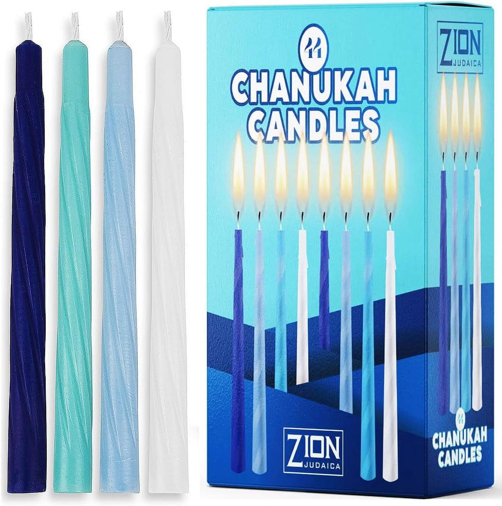 50 Pack Hanukkah Menorah Candles Box of 44 Multi-Blue With Prayer Card - Spiral Style Quality Wax Chanukah Candles - Fits Most Menorahs – Enough for all 8 Nights - Bulk Hanukkah Candles - Zion Judaica