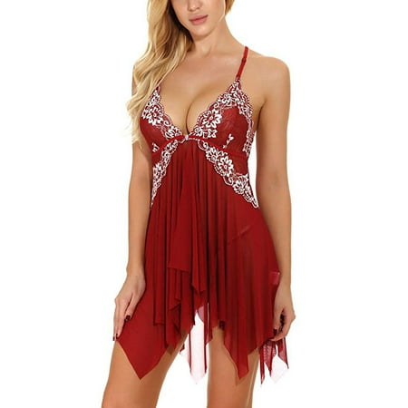 Lace Sheer Chemise - Women V Neck Floral Lace Lingerie Set Open Front Sexy Sheer Babydoll Mesh Chemise