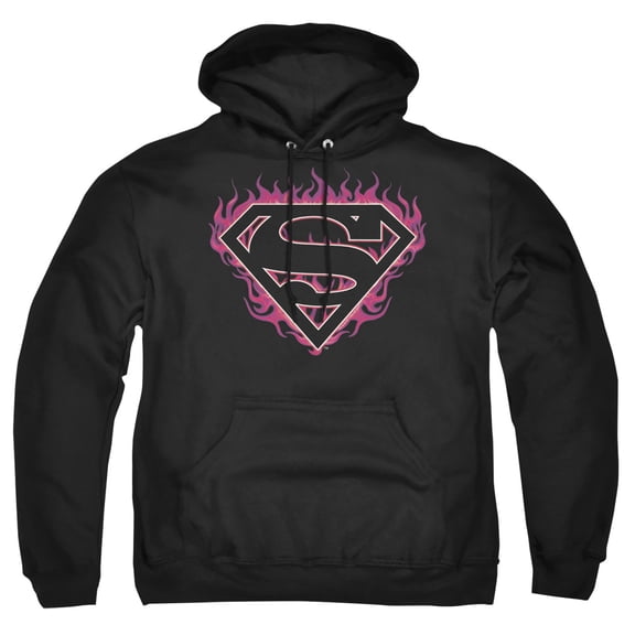 Superman Fuchsia Flames Adult Pullover Hoodie Sweatshirt Black