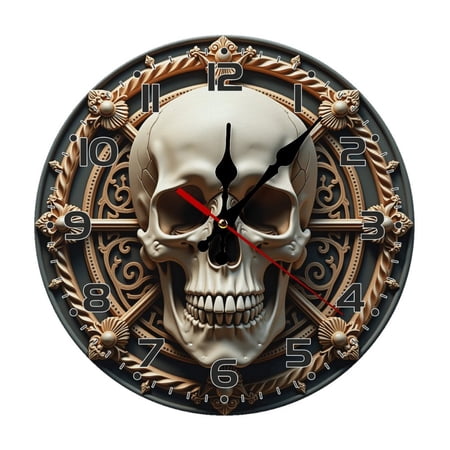 Skull Skeleton Wall Clock 10 Inch Silent Non Ticking Round Clock Decoration for Living Room Kitchen Bedroom Bathroom Office Classroom