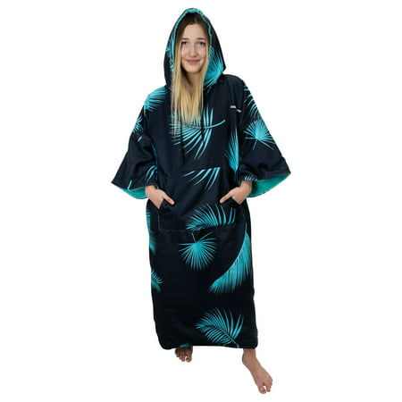 Driftsun Surf Poncho, Wearable Changing Towel with Hood and Pocket, One Size Fits All Machine Washable Privacy Robe - Black with Teal