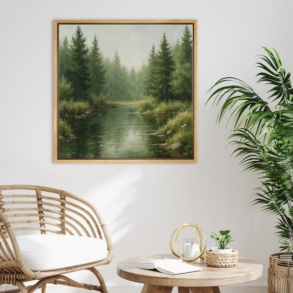 Framed Canvas Print Forest Landscape Wall Art Modern Nature Decorative for Living Room Bedroom - 16"x16" NATURAL
