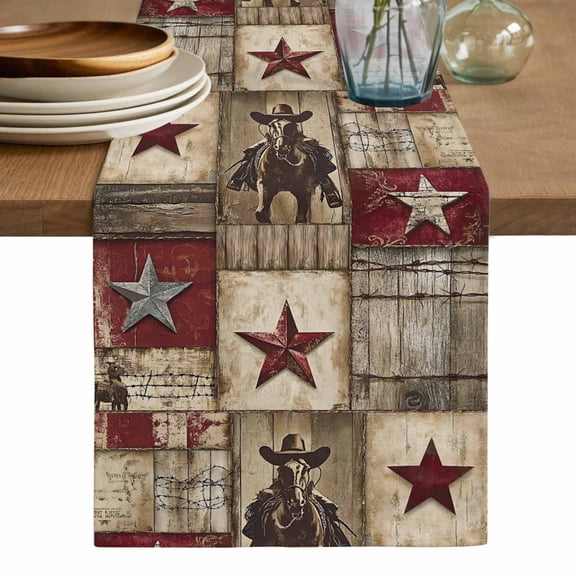 Texas Star Vintage Table Runner, Western Cowboy Country Wooden Washable Cotton Linen Table Runners 108 Inches Long, Dresser Scarf Runner for Dining/Living Room/Kitchen/Square Tables 13''x108''