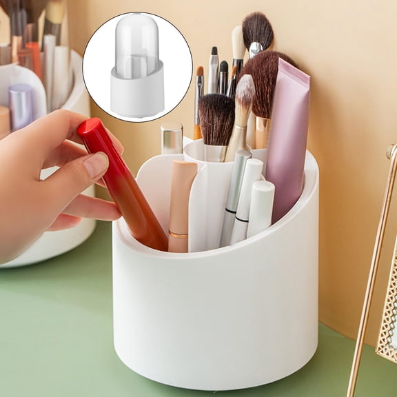 Simple 360 Degree Rotating Makeup Brush Holder 6 Compartments Vanity Storage Box White with Lid