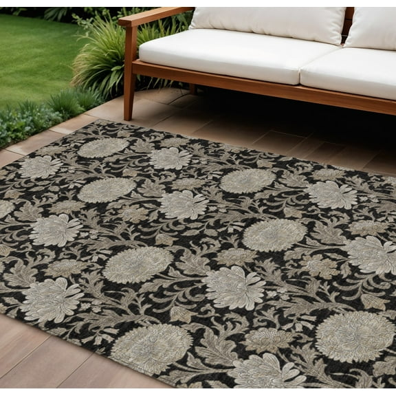 HomeRoots 581218 8 x 10 ft. Floral Washable Indoor & Outdoor Rectangle Area Rug, Black, Taupe & Beige