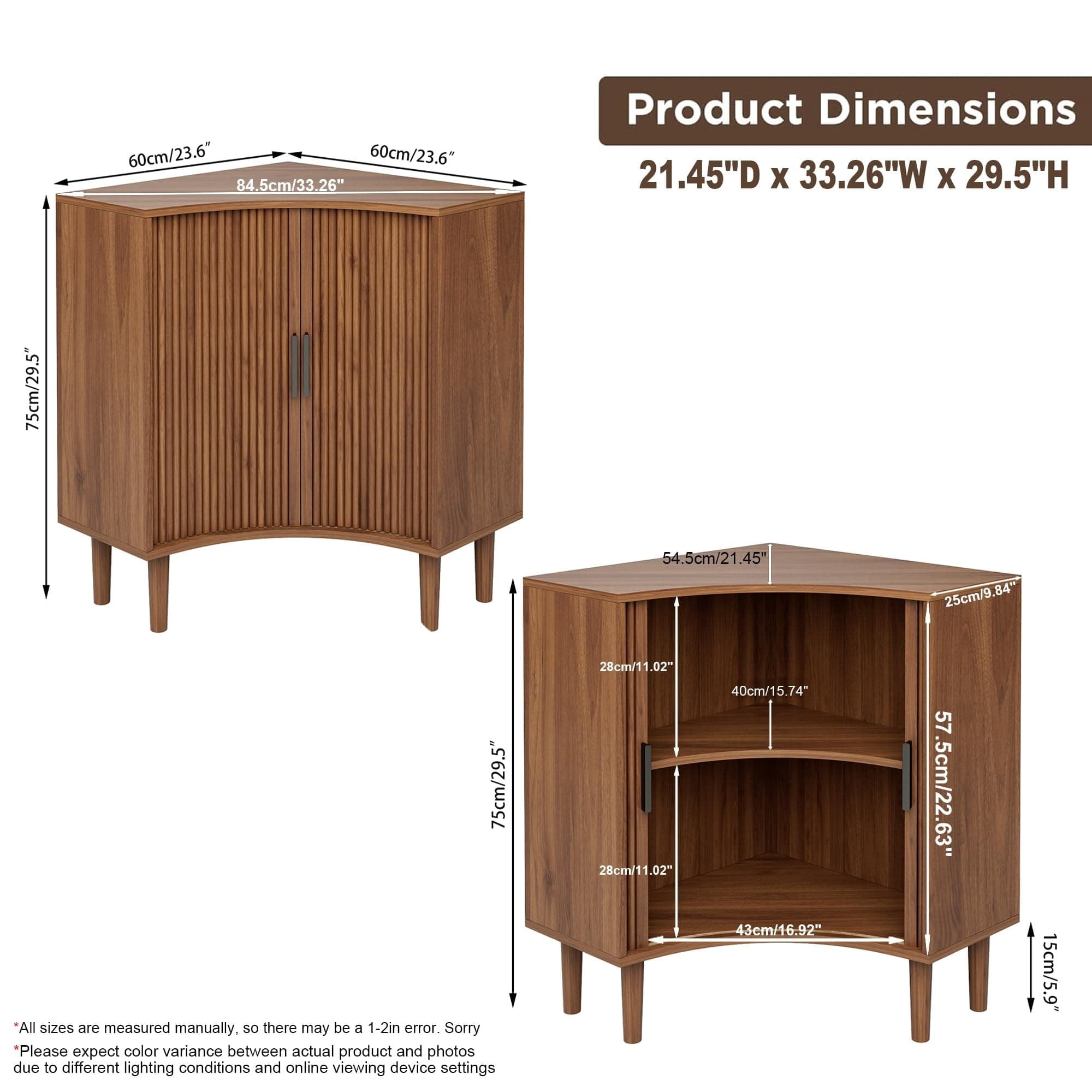 Modern Fluted Corner Cabinet with Sliding Doors, Small Wood Corner Storage for Small Space, Walnut