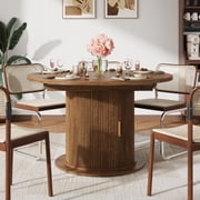 ChVans 47-63 Extendable Round Dining Table with Storage, Modern Farmhouse Kitchen Table for 4-8, Round Table with Wood Strip Base, Circle Dining Table, Walnut