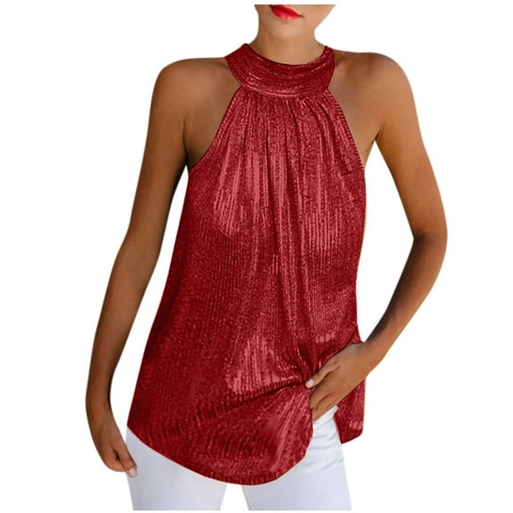 Dressy Sleeveless Tops Women Bright Metallic Halter Neck Off Shoulder Glitter Casual Party Tunic Blouse Clubwear
