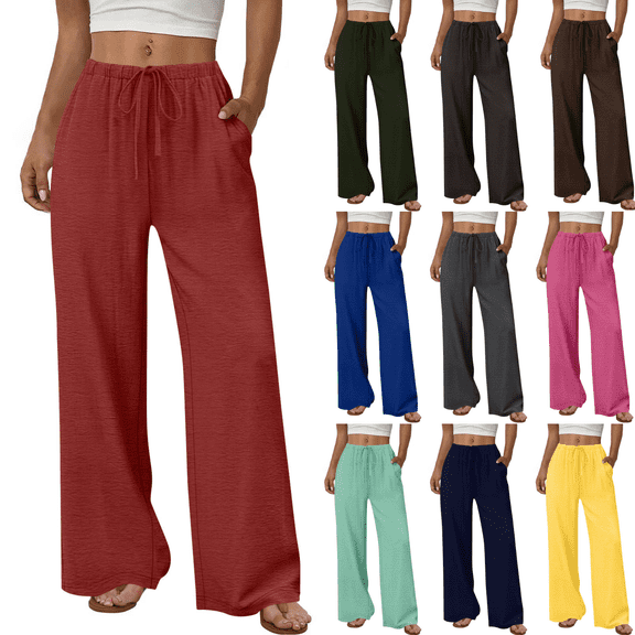 Yuanlook Women Stretch Soft Knit Wide Leg Trousers, Gathered Elastic Waist Casual Tie Detail Convenient Side Pockets Comfort Leisure Pants S-XXL