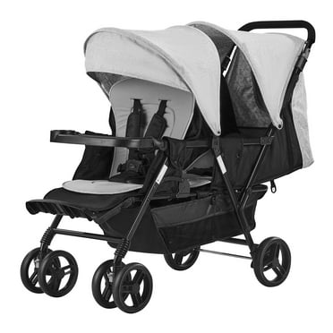 KFFKFF Dual Stroller, Foldable Double Stroller, Lightweight Twin Stroller with Front Back Seats, 5-Point Harness and Ample Storage Basket for Infants & Toddlers, Grey