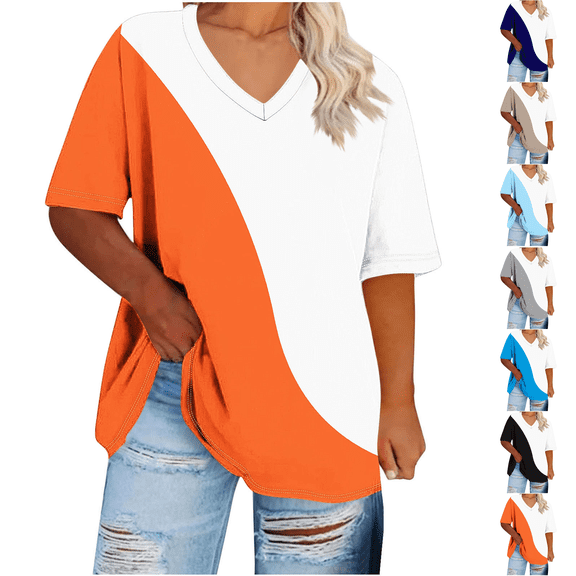 Womens Plus Size V Neck Short Sleeve T Shirts Loose Color Block Tees Summer Casual Everyday Tops,Sizes S-5XL