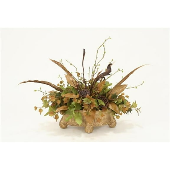 Distinctive Designs International  3409 Fall Silk Foliage And Natural Mix Of Feathers And Pods In Sierra Beige Feather Planter