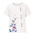 thumbnail image 3 of CHOK Hauts en Solde pour Femmes Boutons Col Rond Manches Courtes Imprimé Floral Boutons Coton Lin Vintage, 3 of 6