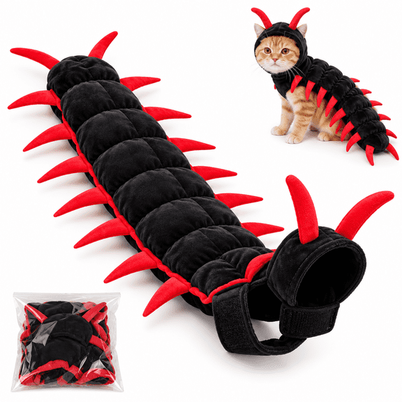 Cat Centipede Costume, 50-Inch Halloween Costume for Cats, Plush 3D Pet Outfit with Adjustable Straps, Black, 1 Piece