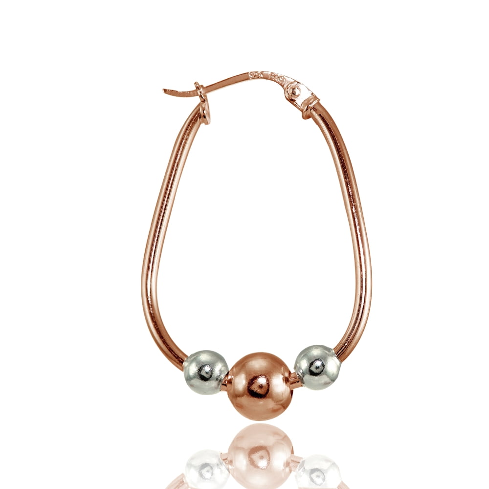 30mm Sterling Silver Two-Tone Rose Polished Beaded Hoop Earrings