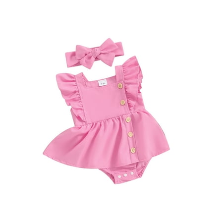 

Co.MMehjri Baby Girl 2 Piece Summer Clothes Set 0-18M Infant Square Neck Fly Sleeve Button Down Romper Dress + Solid Color Headband Toddler Newborn Summer Outfits