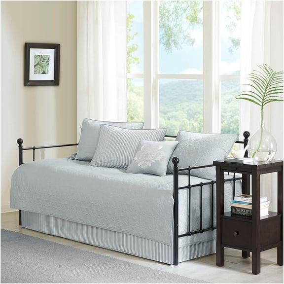 JERFIT Reversible Twin Daybed Set with Bed Skirt, 6-Piece Grey Cotton Blend Quilted Coverlet & Sham Set, Anti-Microbial