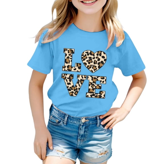JAJAHO Girls Graphic Tee Shirt Short Sleeve Crew Neck Casual Leopard Love Letter Printed Cute Summer Tshirts For Kids 3-13 Years Soft Tops