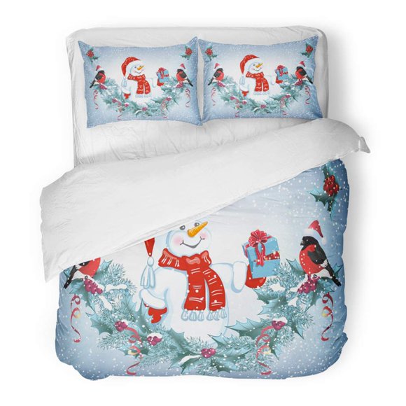 RYLABLUE 3 Piece Bedding Set Christmas Snowman in Santa Hat Box and Garland Funny Bullfinches New Year Twin Size Duvet Cover with 2 Pillowcase for Home Bedding Room Decoration