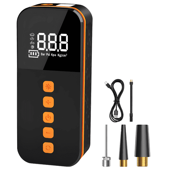 Cordless Portable Air Compressor, Electric Air Pump with Preset Tire Pressure, USB Output, LED Display, High Pressure, 4 Units, 3 Nozzles, Car Tire Inflator