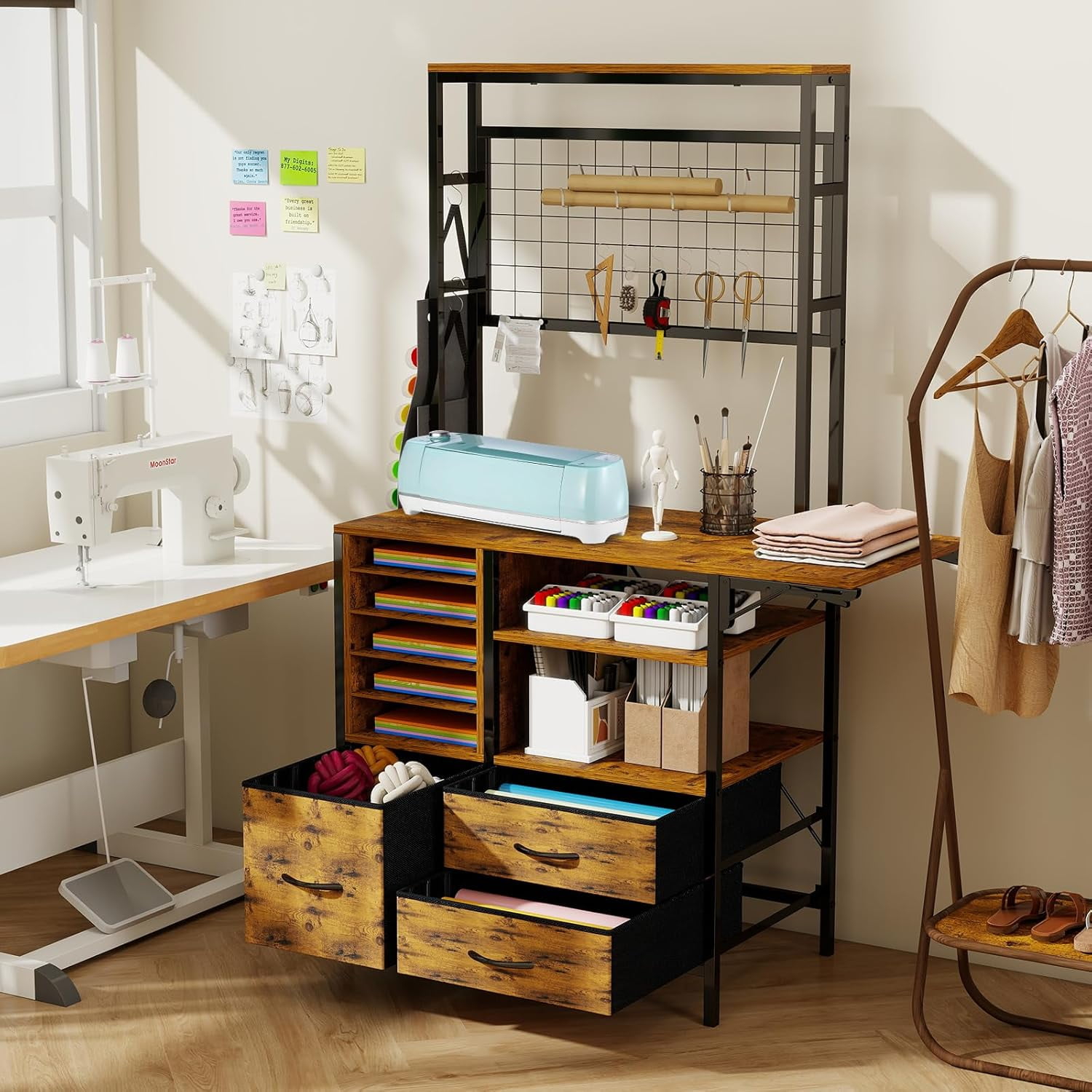 Craft Organizers and Storage Cabinet Brown Cricut Table with Drawer Sewing Table with Fold Out Crafting Desk for Vinyl Roll Holder for Craft Room