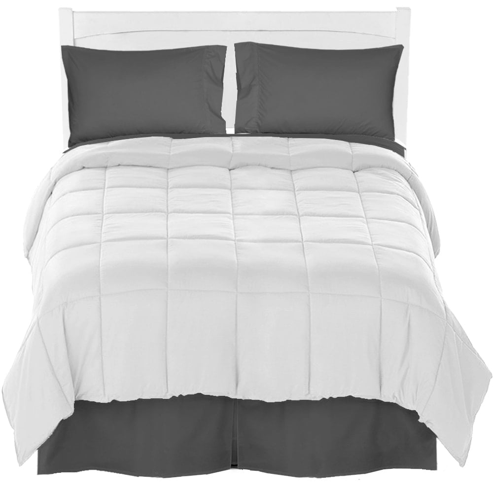 Bare Home Microfiber Comforter, Sheet Set, and Bed Skirt White/Grey
