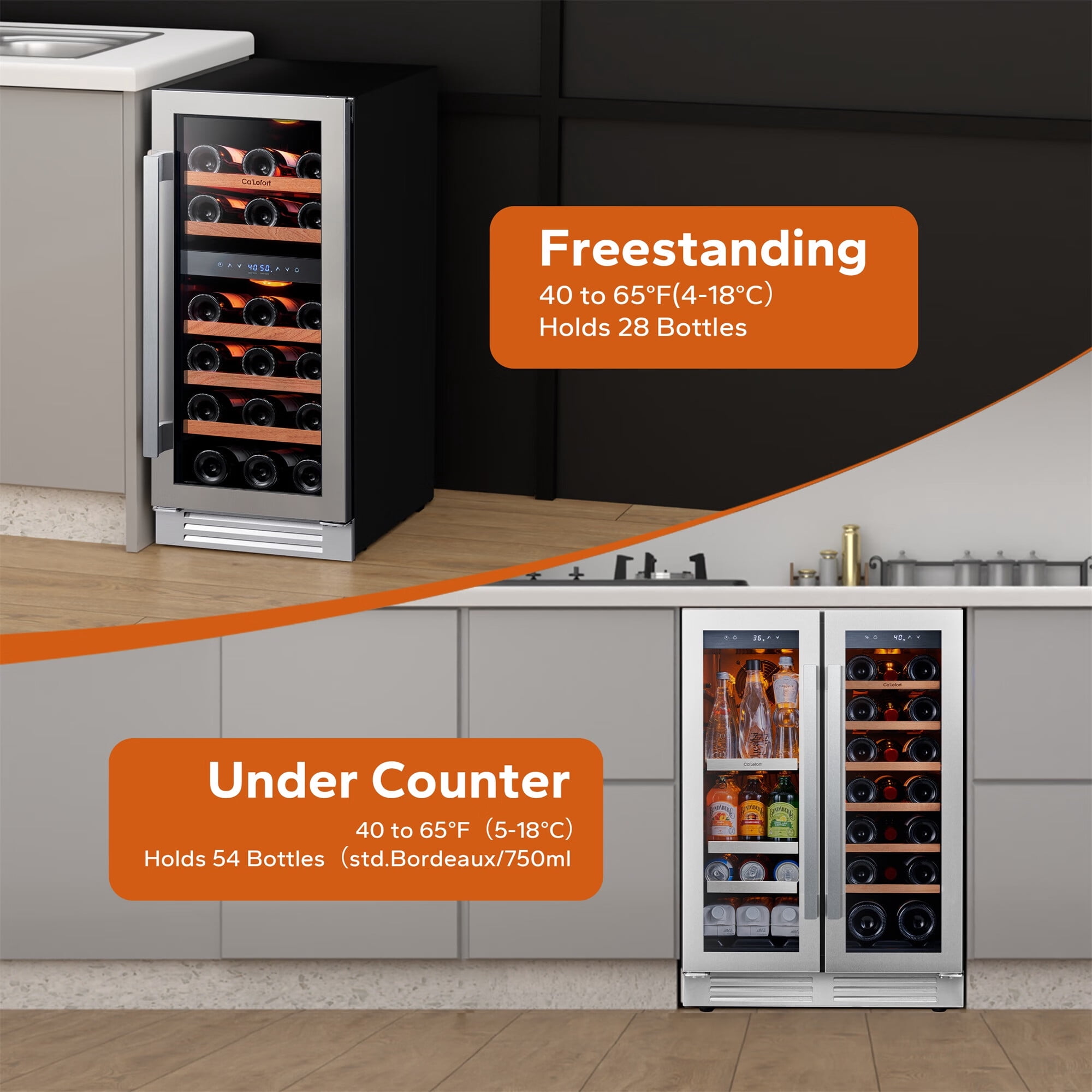 Ca'Lefort Wine Cooler Beverage Refrigerator, Hold 60 Cans and 48 Bottles Dual Zone Wine Fridge Freestanding & Built-in with Stainless Steel frame for Kitchen Office