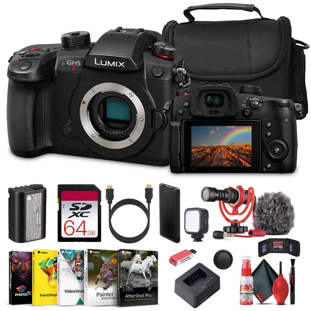 Panasonic Lumix GH5 II Mirrorless Camera with Rode Camera Mount Microphone with 160 LED Light + 64 GB Memory Card + P-Bank Battery + Carry Case + Cleaning Kit + Art Studio Software + More