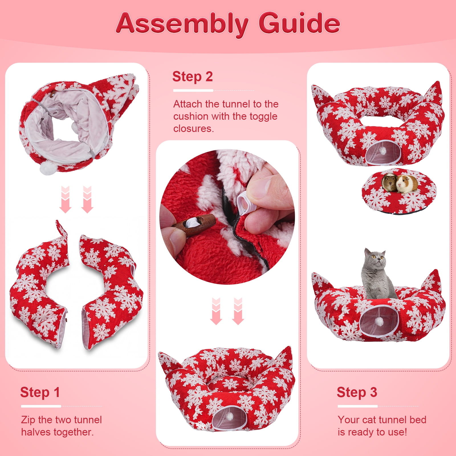 Hutact 3-in-1 Cat Tunnel with Cushion Cat Bed, 36in Cat Tunnel with Cushion Fleece Festive Red Snowflake – Detachable, Foldable, for 1-2 Cats Exercise Playing Sleeping, Red